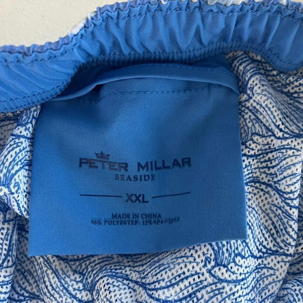 Peter Millar Seaside Swim Trunks‎ Men's 2XL Blue Palm Trees Elastic Waist